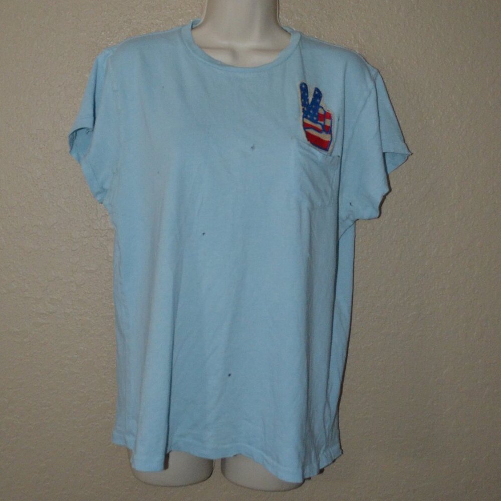 Sz S MadeWorn Light Blue American Flag Peace Sign Short Sleeve T-Shirt